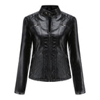 Damen nan taillierte Bikerjacke aus Kunstleder mit Stepppaneelen und Stehkragen R&B