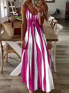 Damen Maxikleid mit raffiniertem Streifenmuster und tiefem V-Ausschnitt R&B