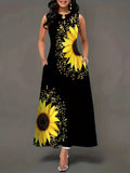 Damen Maxikleid mit buntem Sonnenblumenmotiv und praktischen Taschen R&B