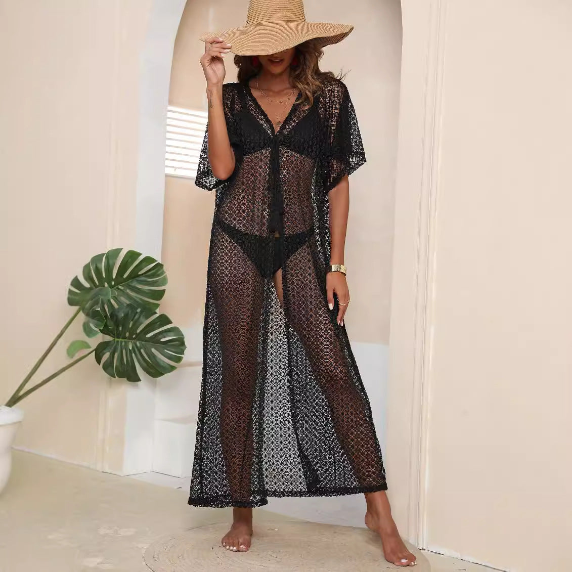 Damen luftiger Häkel-Strandüberwurf mit elegantem V-Ausschnitt R&B