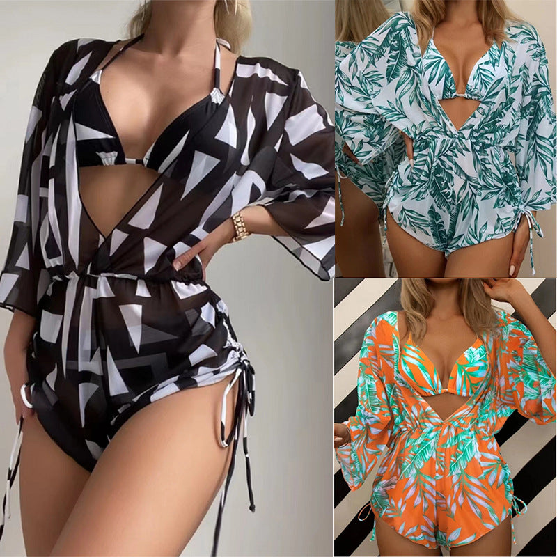 Damen Bikiniset mit transparentem Überwurf und modischem geometrischen Muster R&B