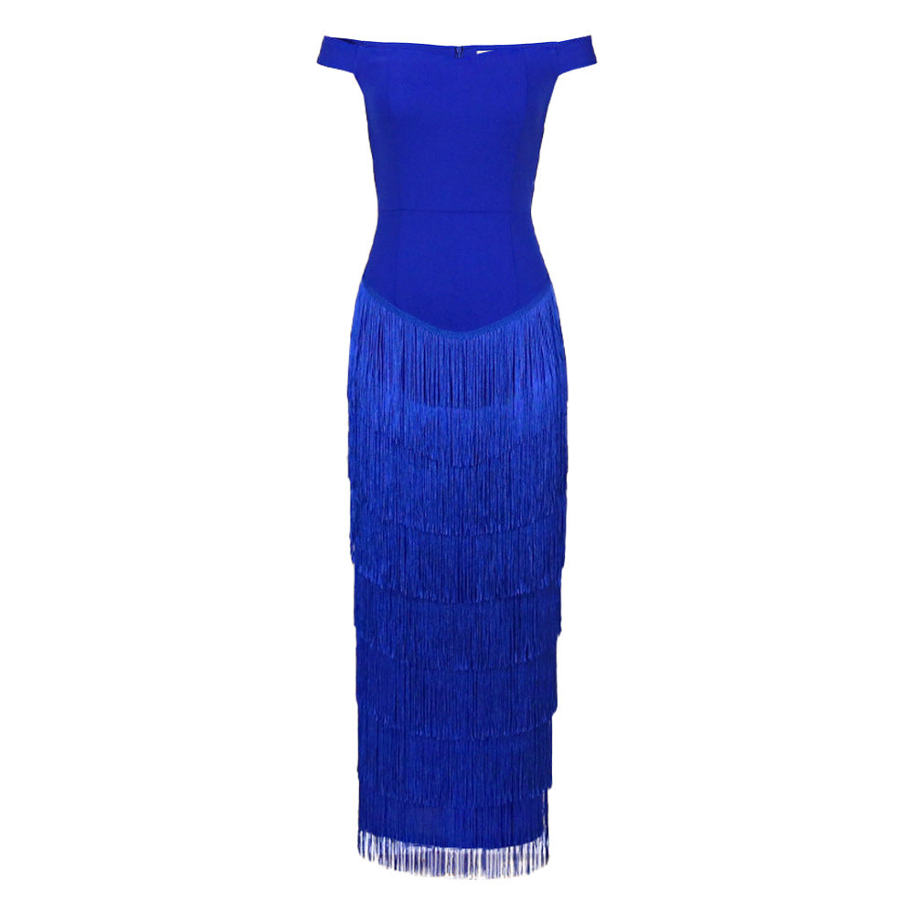 Damen glamouröses Abendkleid mit schulterfreien Rüschen und Fransen R&B