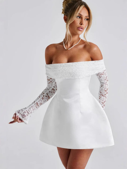 Damen Off-Shoulder Kleid mit floralen Spitzenärmeln und schwingendem Rock R&B