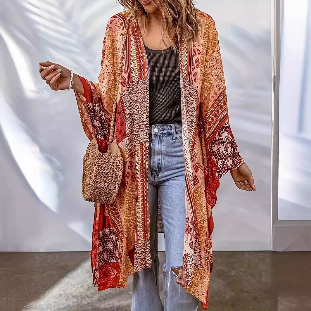 Damen Lässige Kimono-Jacke mit buntem Muster und weitem Schnitt R&B
