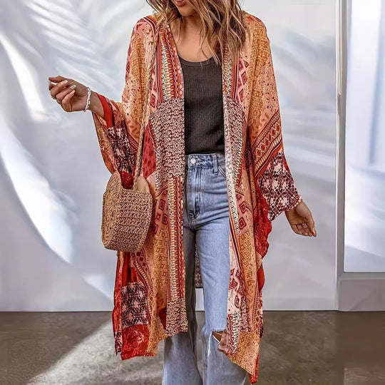 Damen Lässige Kimono-Jacke mit buntem Muster und weitem Schnitt R&B