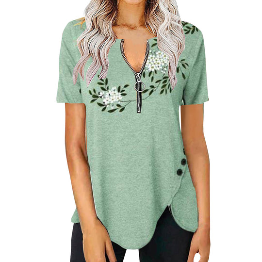 Damen T-Shirt mit halbgeschlossenem Reißverschluss und floralem Muster R&B