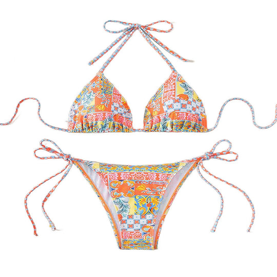 Damen Triangel-Bikini-Set mit verspielt floralem Muster und verstellbaren Bindebändern R&B