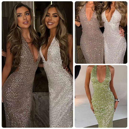 Damen Glamouröses Paillettenkleid mit tiefem V-Ausschnitt und figurbetontem Schnitt R&B