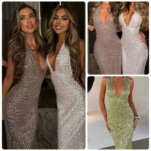 Damen Glamouröses Paillettenkleid mit tiefem V-Ausschnitt und figurbetontem Schnitt R&B