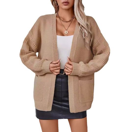 Damen weit geschnittene Strickjacke mit Taschen und strukturiertem Ärmel R&B