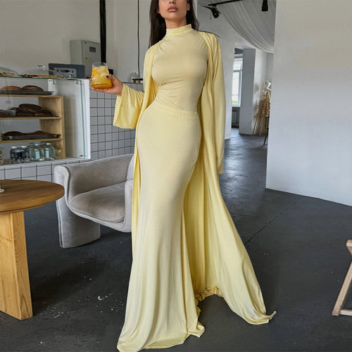 Damen elegantes Maxikleid mit weitem Cape und langen Ärmeln R&B