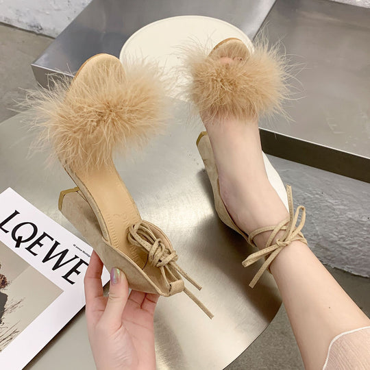 Damen Hochhackige Sandalen mit dekorativem Plüschball und femininer Schnürung R&B