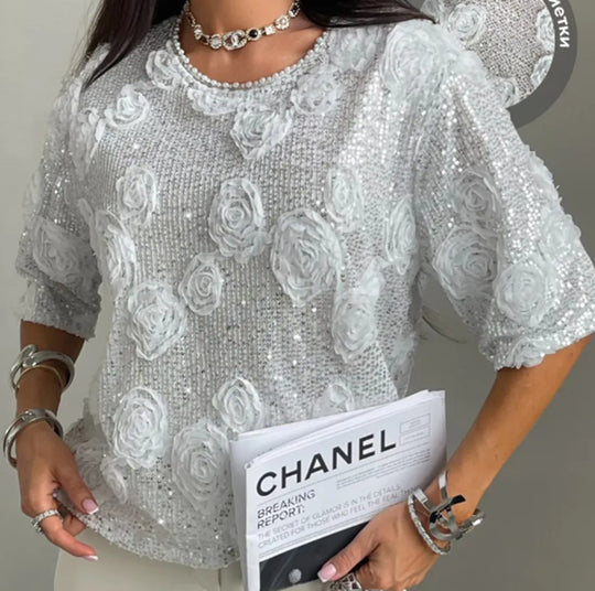 Damen nan elegante Paillettenbluse mit dreidimensionalen Rosenapplikationen, Rundhalsausschnitt und halblangen Ärmeln R&B
