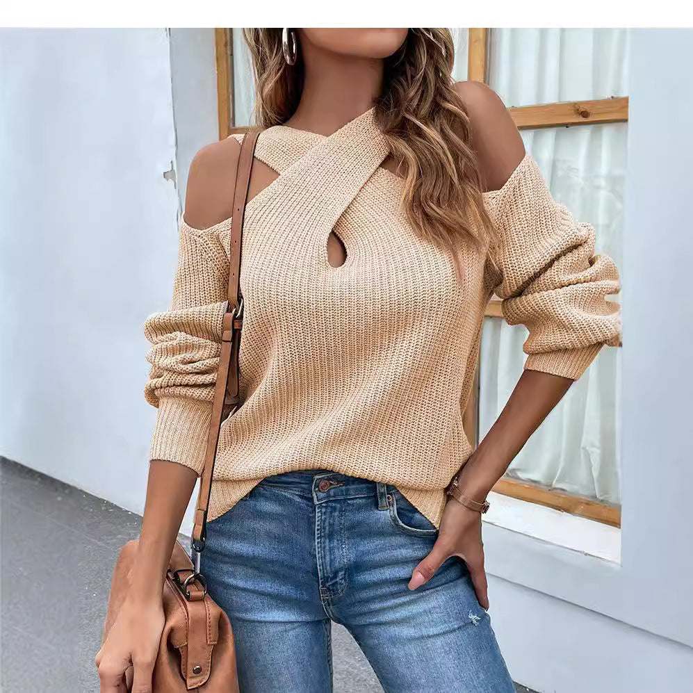 Damen Strickpullover mit asymmetrischem Ausschnitt und offenen Schultern R&B