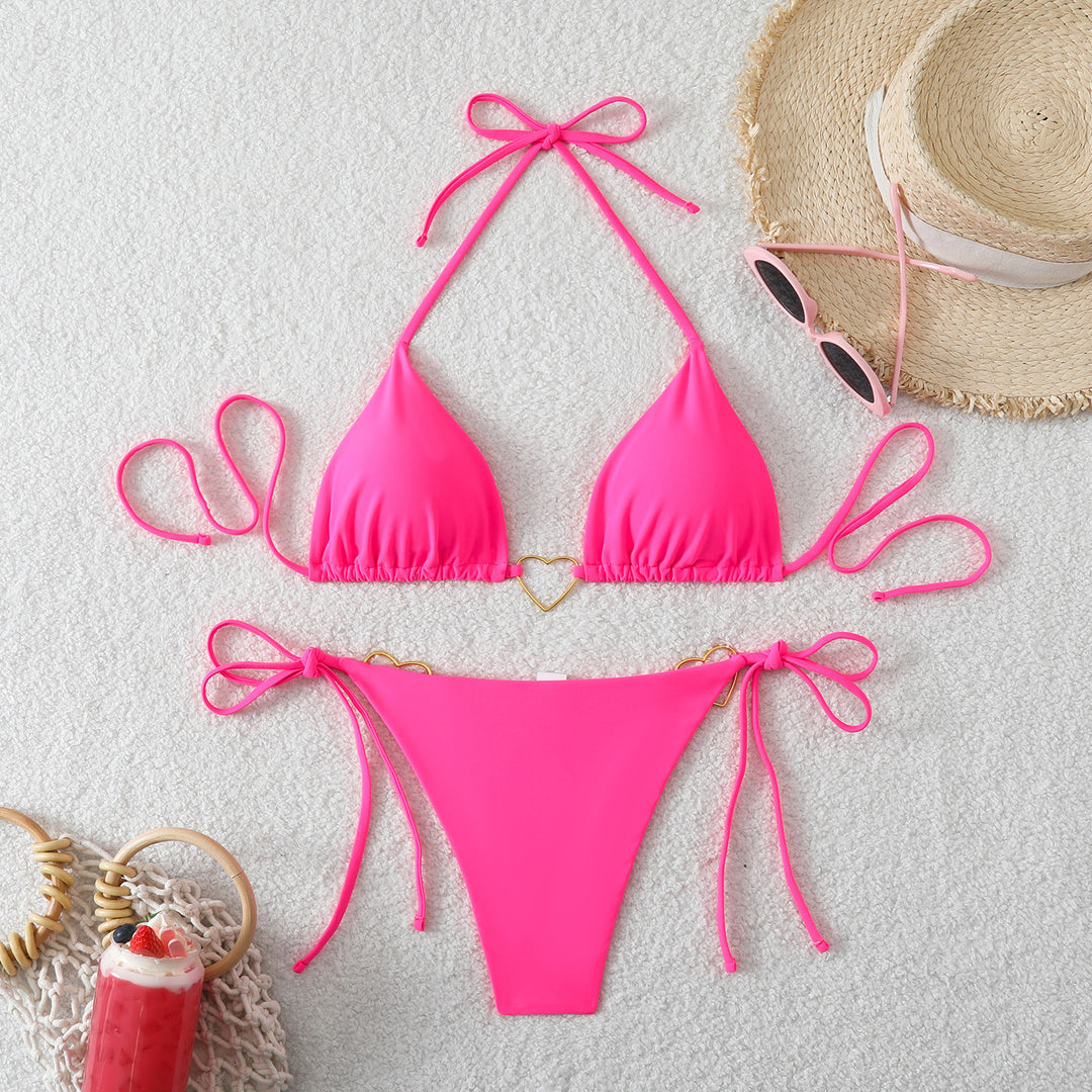 Damen Triangel-Bikini-Set mit verspielten Schleifen und Herz-Applikationen R&B