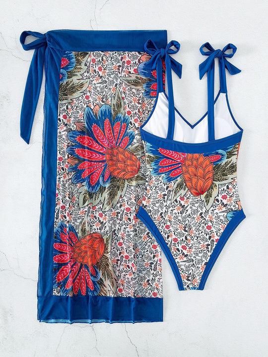 Damen Floral gemusterter Einteiler Badeanzug mit Wickelrock R&B