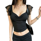 Damen elegantes Top mit schulterfreien Rüschendetails R&B