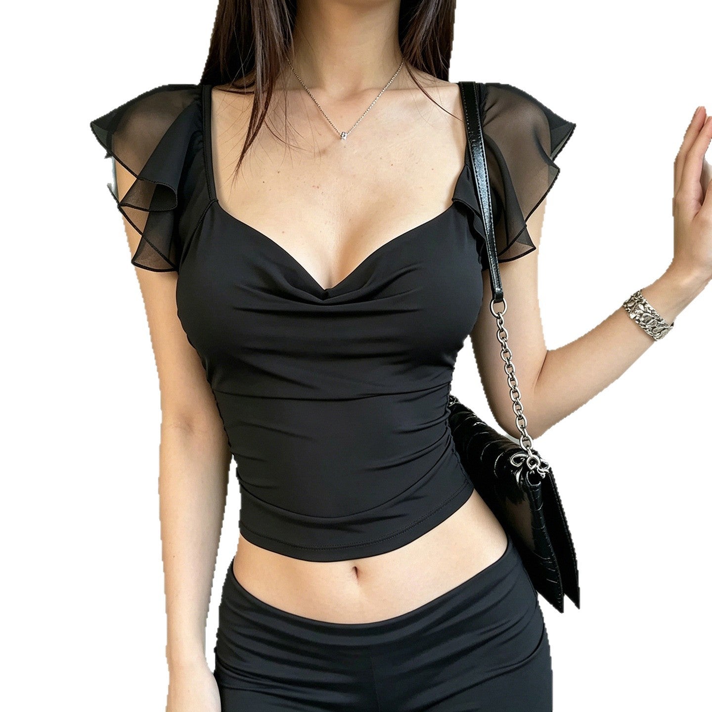 Damen elegantes Top mit schulterfreien Rüschendetails R&B