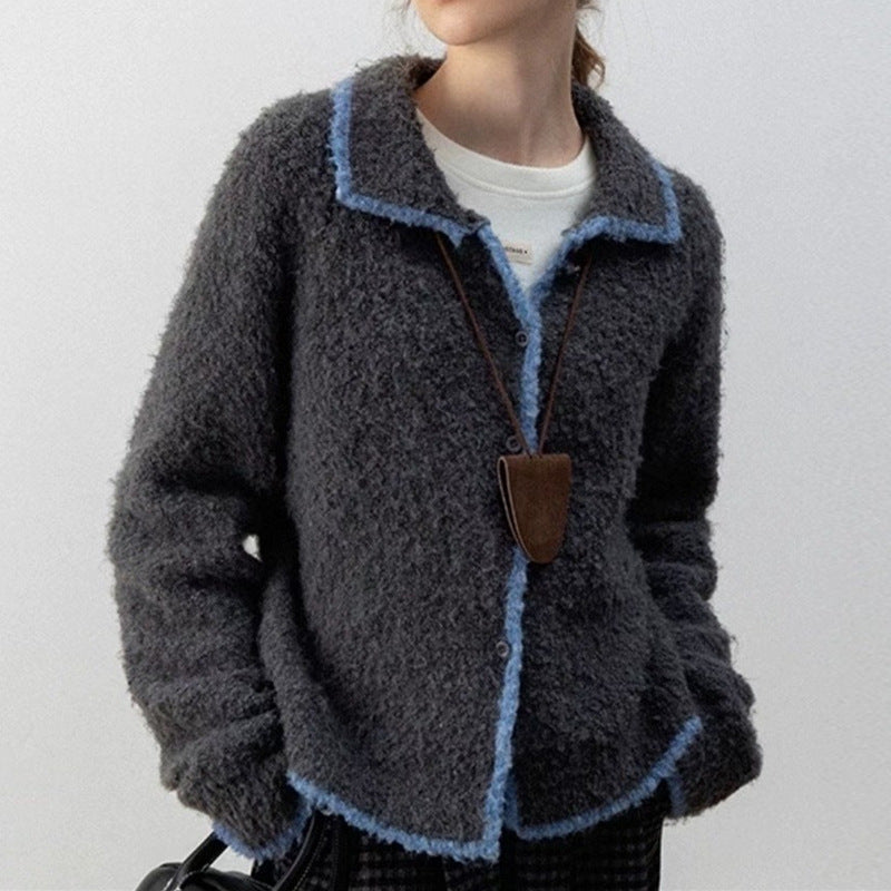 Damen kuscheliger Strickcardigan mit Kontrastdetails und kragen R&B