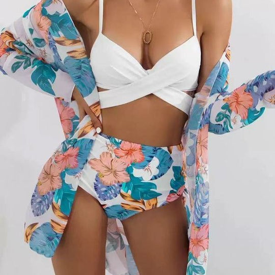 Damen Bikiniset mit floralem Kimono und hoch geschnittenem Oberteil R&B