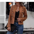 Damen modische Suedejacke mit steigendem Kragen und Knöpfen