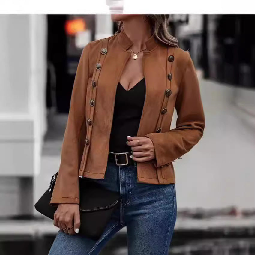 Damen modische Suedejacke mit steigendem Kragen und Knöpfen