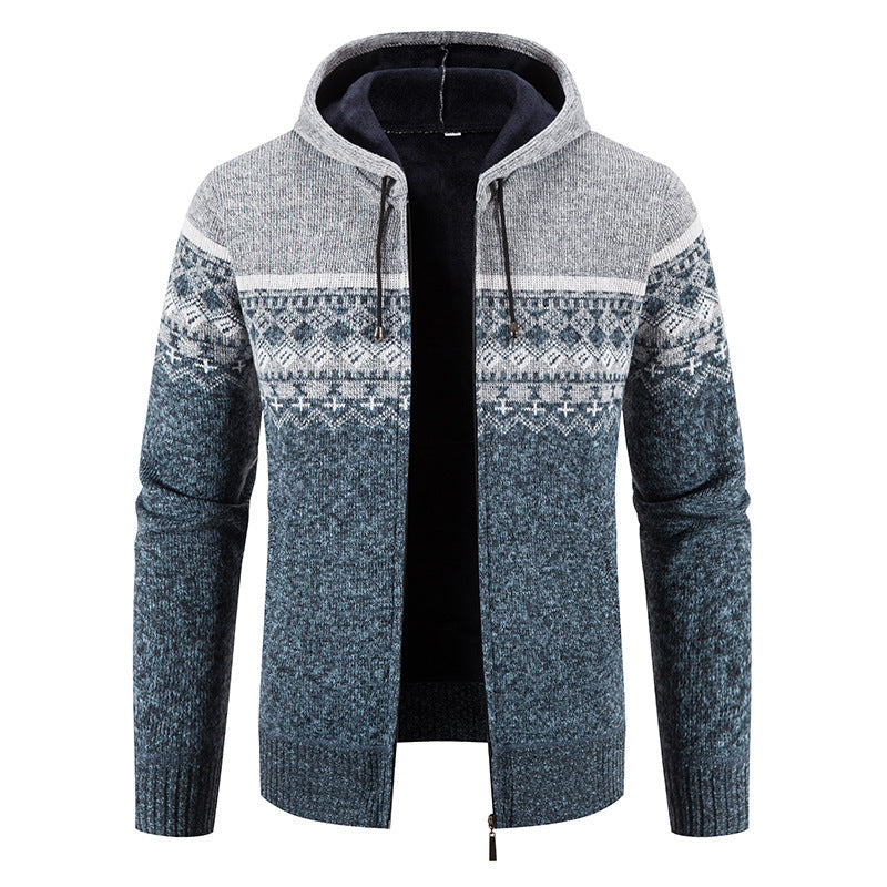 Herren nan gefütterte Strick-Zipjacke im Norwegerstil mit Kapuze und Thermofleece R&B