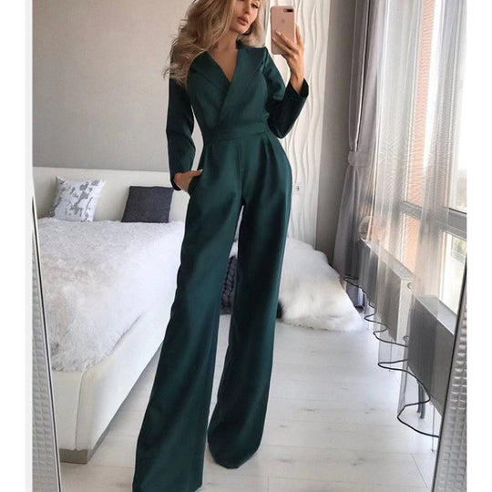 Damen eleganter Jumpsuit mit langem Bein und klassischem Schauspielkragen R&B