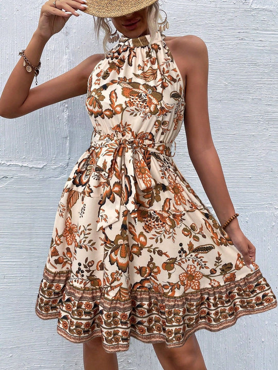 Damen Sommerliches Kragenkleid mit floralem Design und Bindegürtel R&B