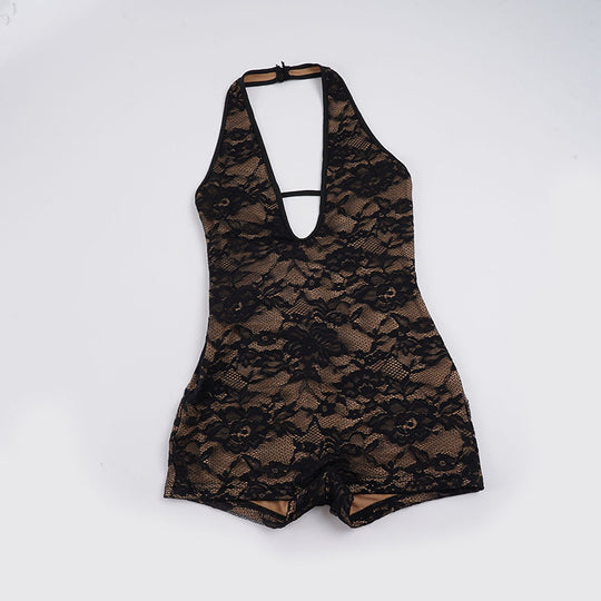 Damen verführerischer Spitzenbodysuit mit tiefem V-Ausschnitt und offenem Rücken R&B