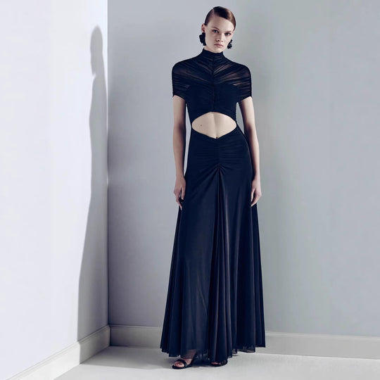 Damen Elegantes Cut-Out Maxikleid mit hochgeschlossenem Design und raffinierten Drapierungen R&B