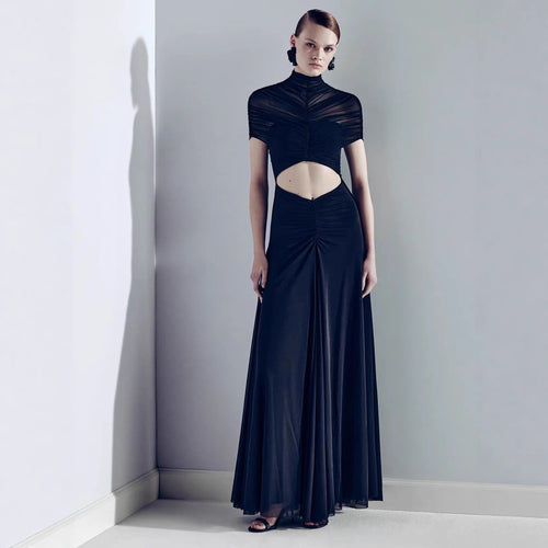 Damen Elegantes Cut-Out Maxikleid mit hochgeschlossenem Design und raffinierten Drapierungen R&B