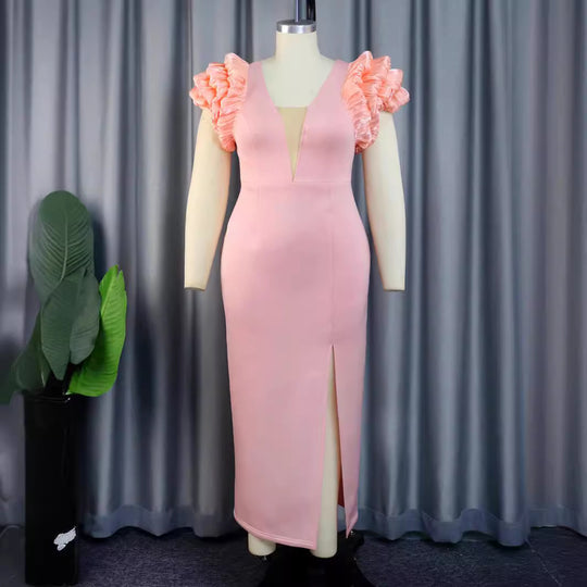 Damen Elegantes Maxikleid mit voluminösen Rüschenschultern und sexy Schlitz R&B