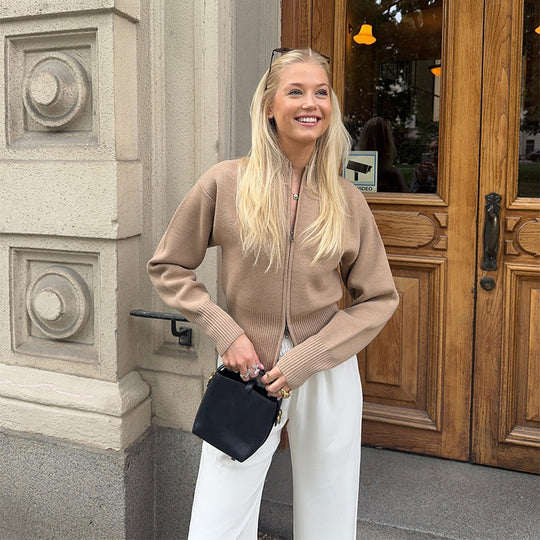 Damen Modischer Strickpullover mit Reißverschluss und weitem Schnitt R&B