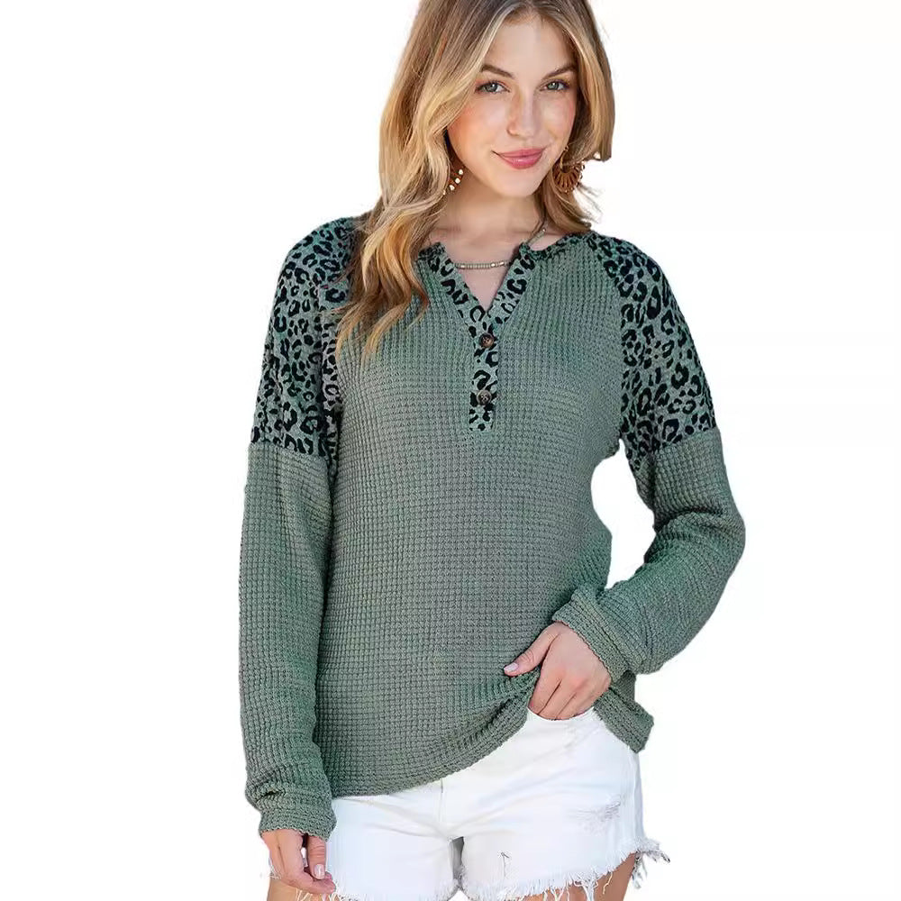 Damen modischer Langarm-Pullover mit Tiermuster und Knopfleiste R&B