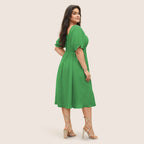 Damen Midi-Kleid mit Puffärmeln und elastischem Taillenbund R&B