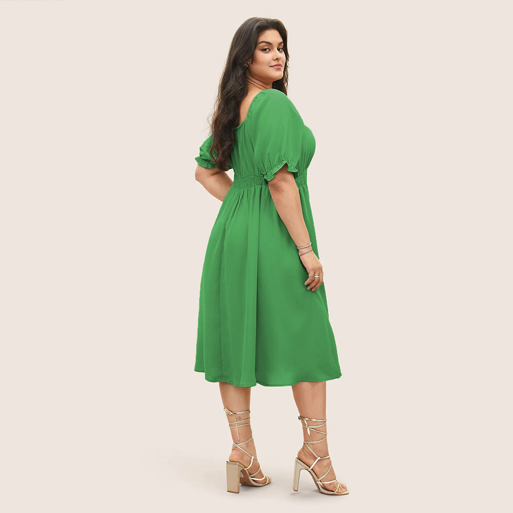 Damen Midi-Kleid mit Puffärmeln und elastischem Taillenbund R&B
