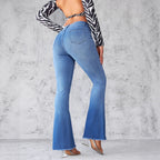 Damen Schlagjeans mit hohem Bund und modischen Fransen R&B