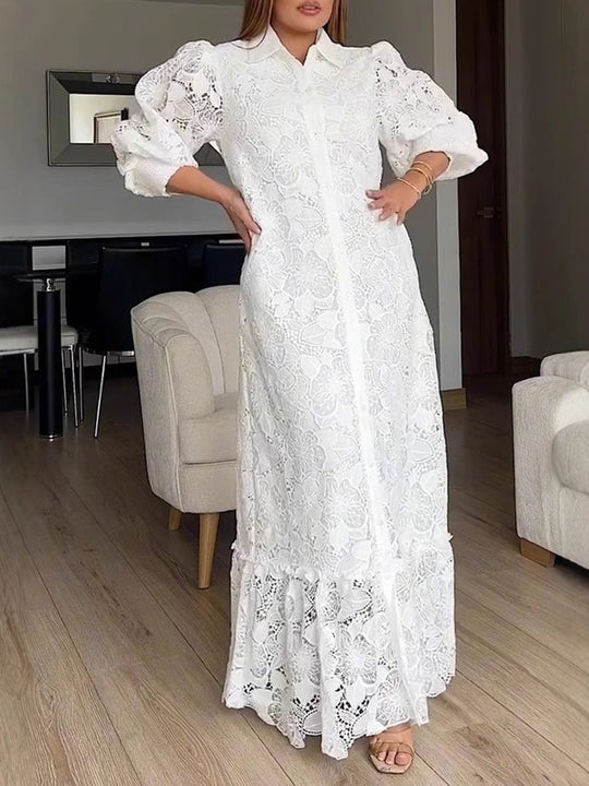 Damen nan Maxikleid aus Häkelspitze mit Hemdkragen und Puffärmeln R&B
