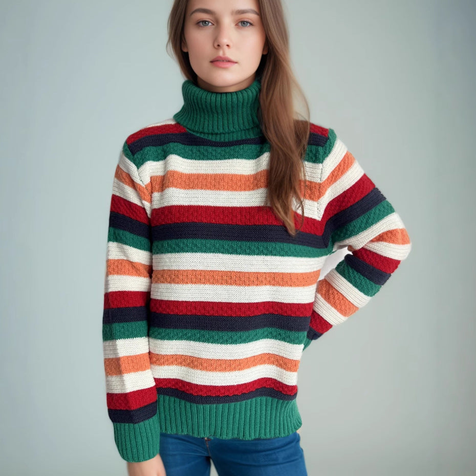 Damen Rollkragenpullover mit farbenfrohen Streifen und hochwertiger Strickqualität R&B