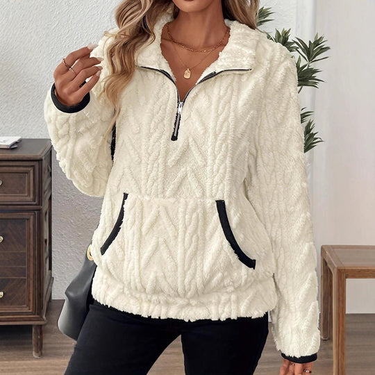 Damen modischer Fleece-Pullover mit halbem Reißverschluss und Taschen R&B
