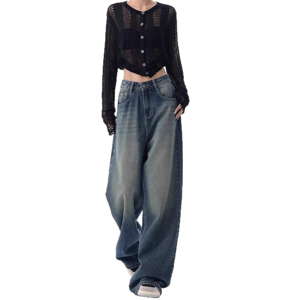 Damen Oversized Denim-Jeans mit hoch geschnittenem Bund R&B