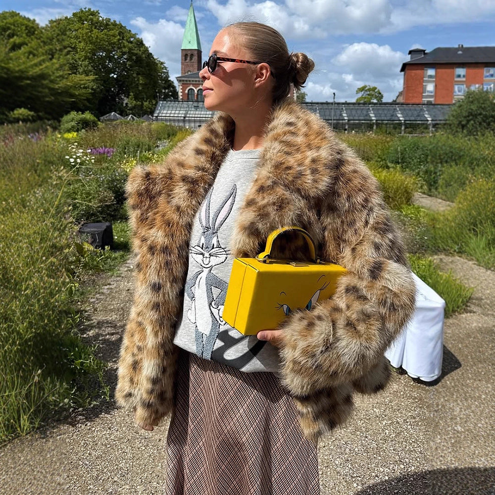 Damen künstlicher Pelzmantel im Leopardenmuster R&B