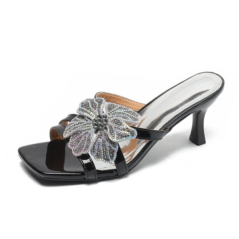 Damen elegante Sandalen mit funkelndem Blumen-Design und komfortablem Absatz R&B