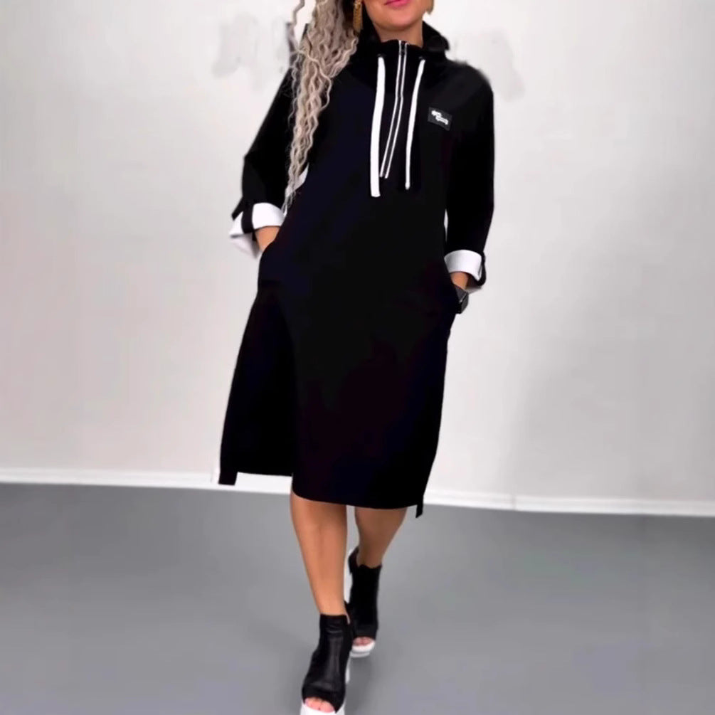 Damen nan Hoodie-Midikleid mit Kapuze, Kordelzug und krempelbaren Manschetten R&B