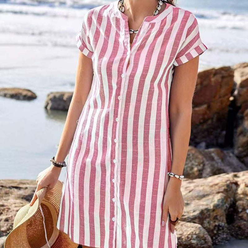 Damen Freizeitleinenhemdkleid mit gestreiftem Muster und schickem Kragen R&B