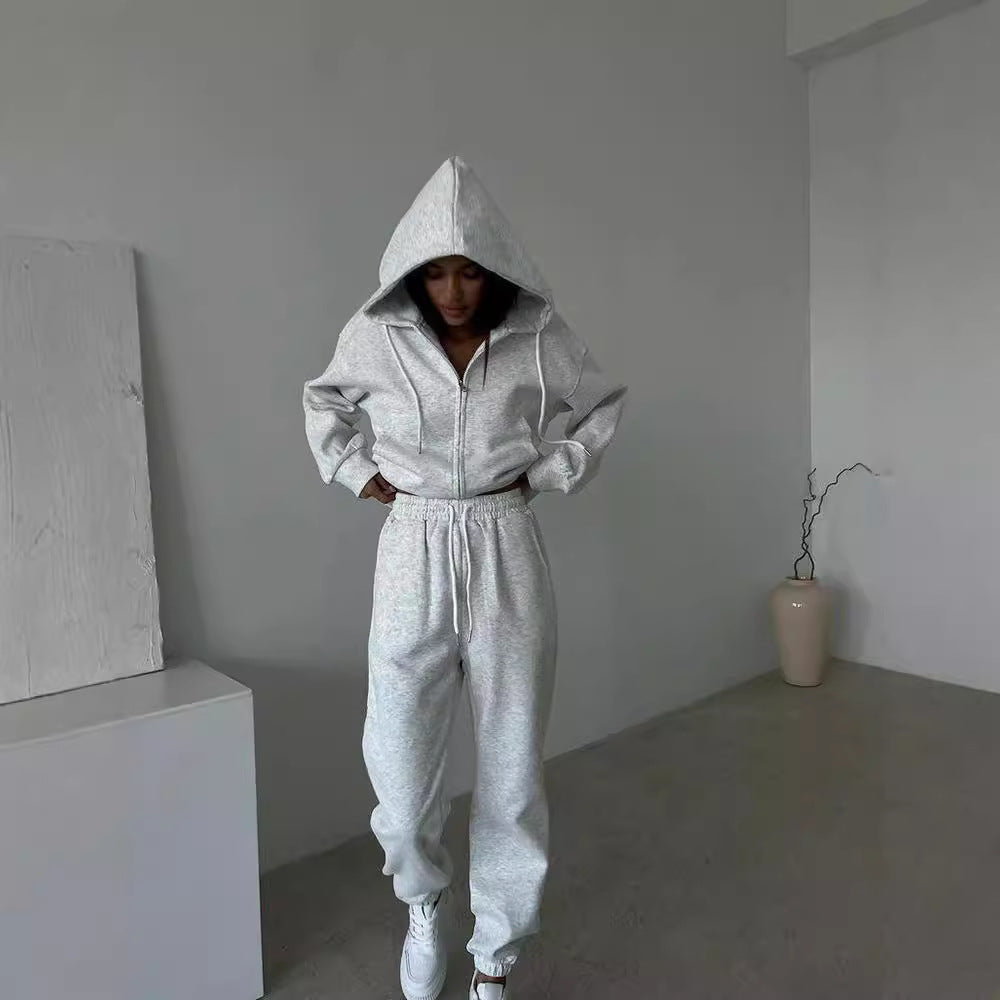 Damen sportliches Fleece-Jogginganzug mit praktischer Kapuze und elastischem Bund R&B