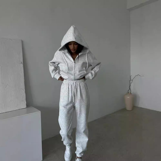 Damen sportliches Fleece-Jogginganzug mit praktischer Kapuze und elastischem Bund R&B