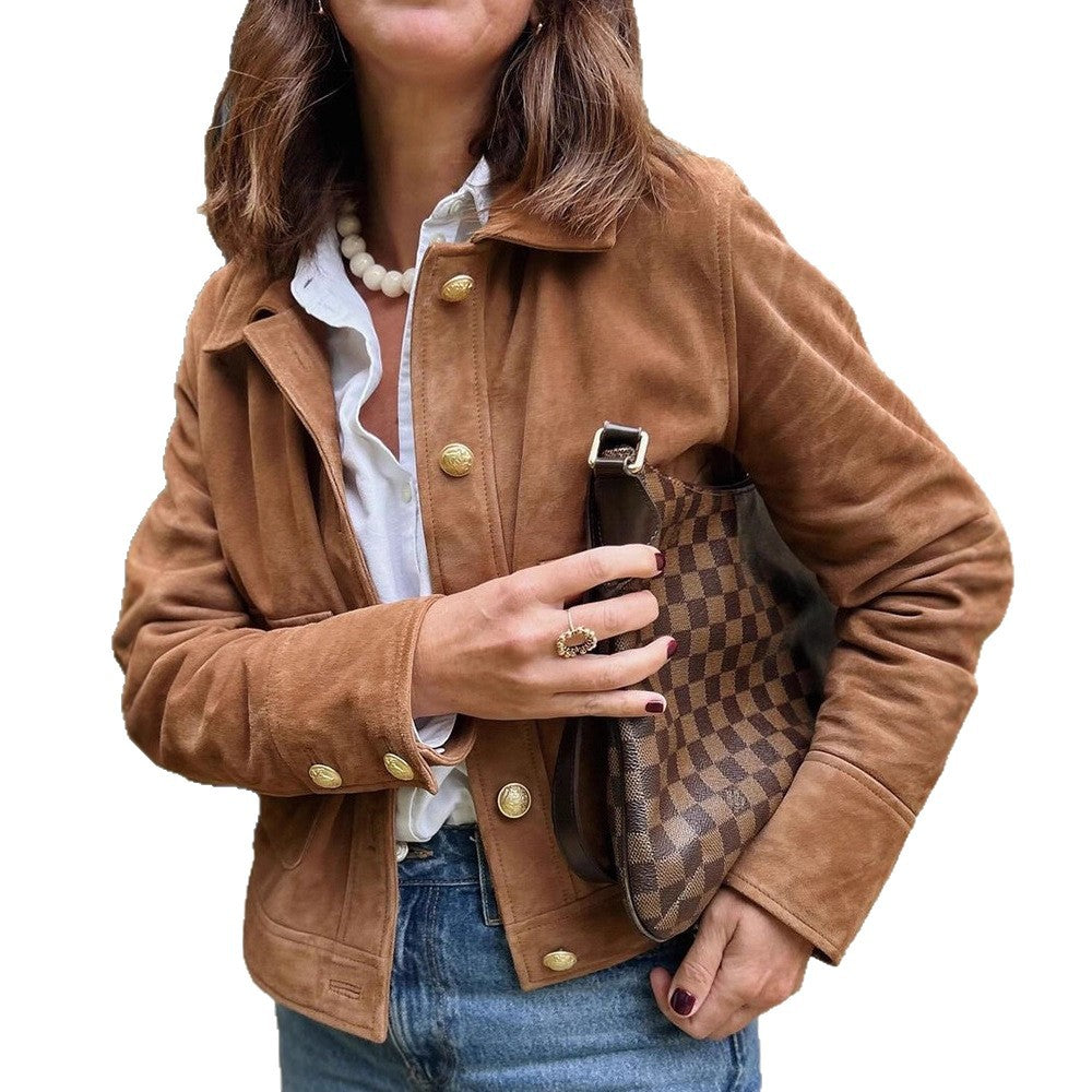 Damen Kunstlederjacke mit goldenen Knöpfen und modernem Schnitt R&B
