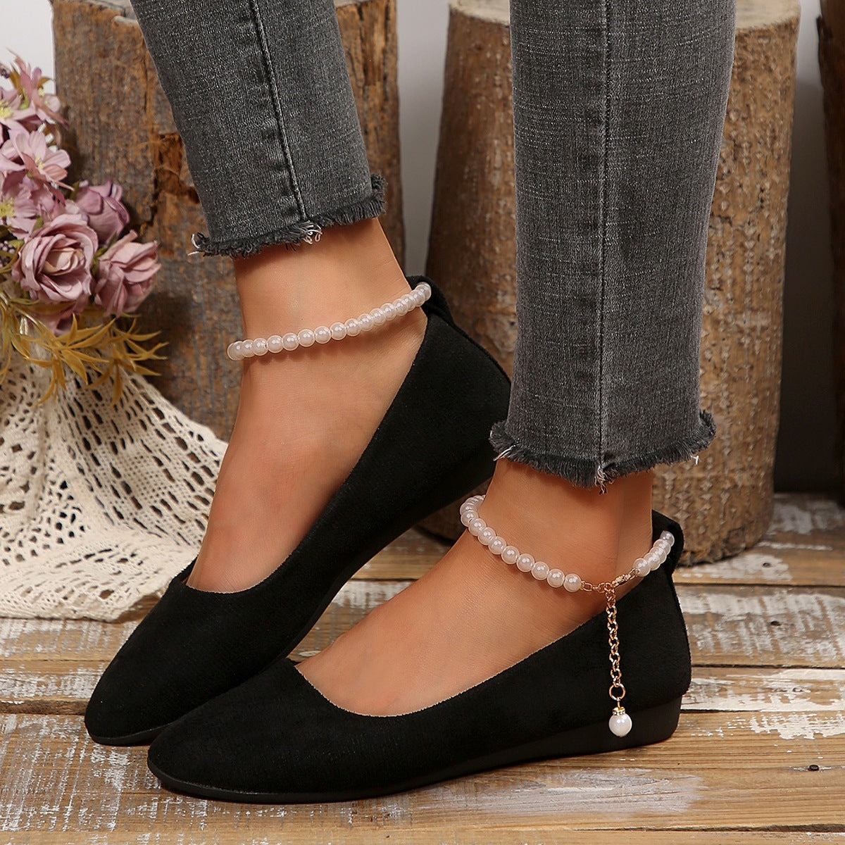 Damen Elegante und bequeme Ballerinas mit Perlenschmuck R&B